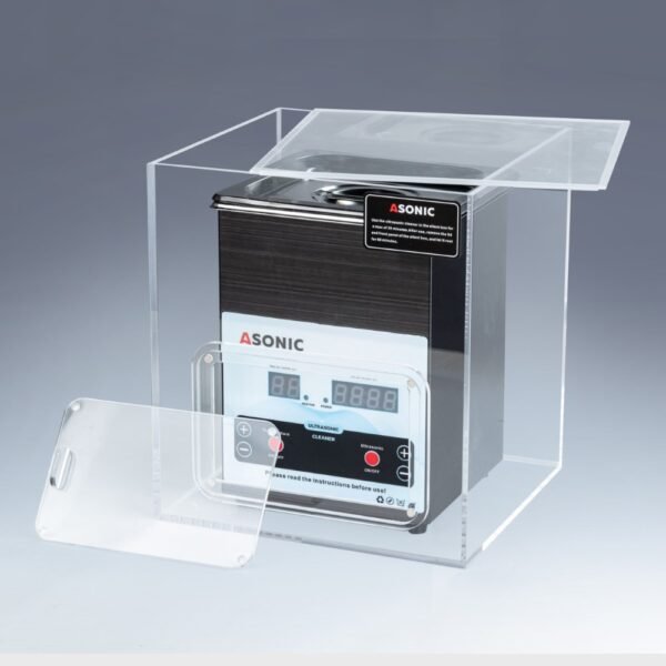 Odprta tiha škatla, v kateri je 2l ultrazvočni čistilnik ASONIC, zasnovan za zmanjšanje hrupa med delovanjem.