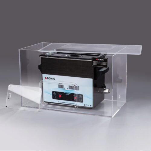 Odprta tiha škatla s 5L ultrazvočnim čistilnikom ASONIC, zasnovanim za tišje profesionalno čiščenje.