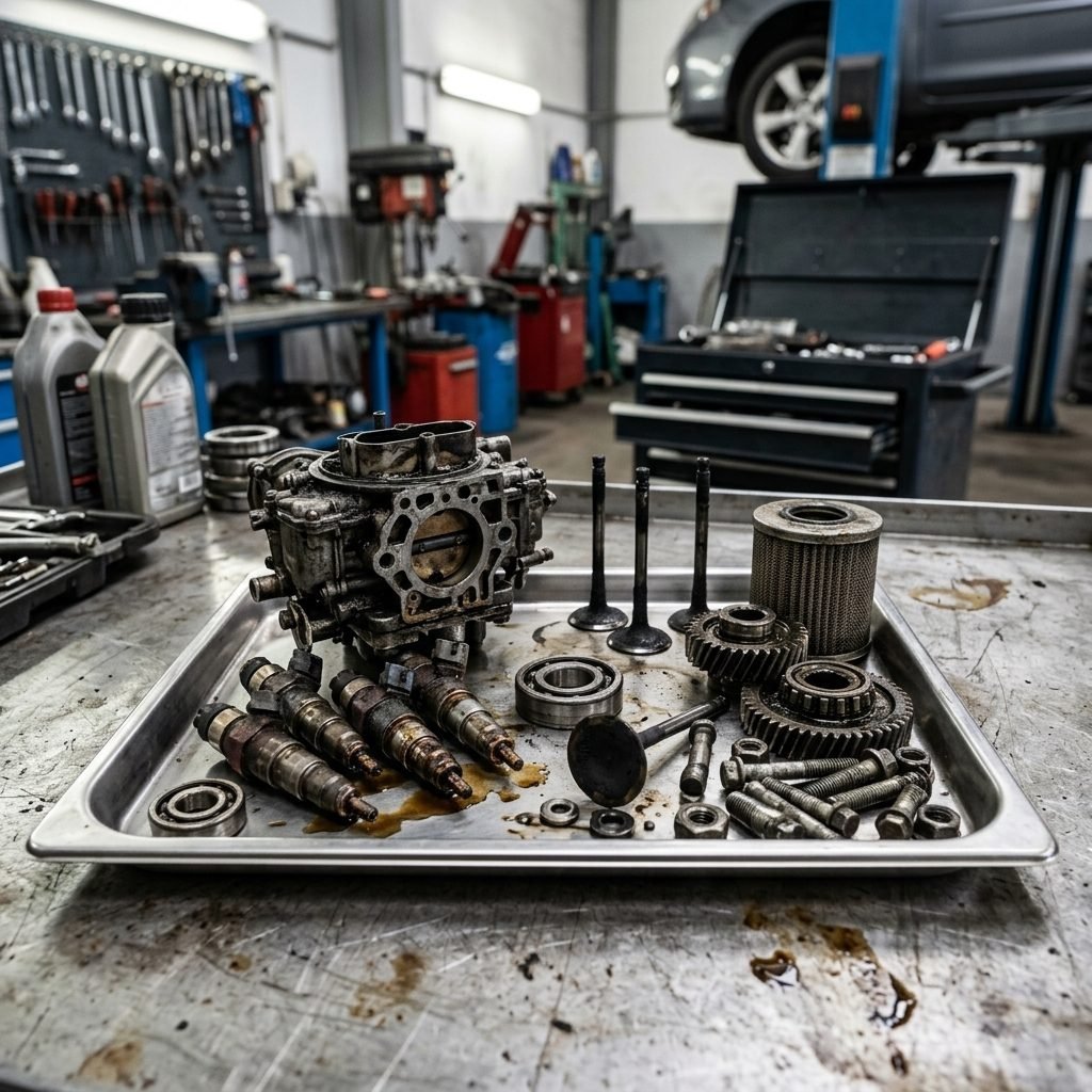 Deli motorja in uplinjač v avtoservisu, pripravljeni za ultrazvočno čiščenje