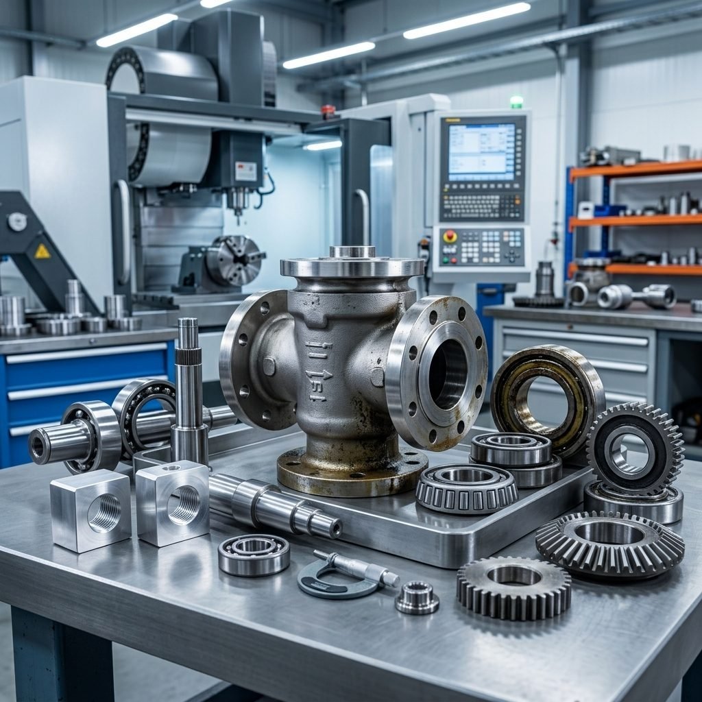 Industrijske komponente, ventili in zobniki v proizvodnem obratu